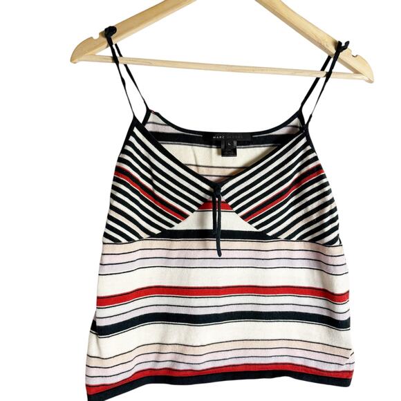 Marc Jacobs Cream Black Red Striped Sleeveless V-Neck Cashmere Blend Knit Top L - Picture 1 of 7